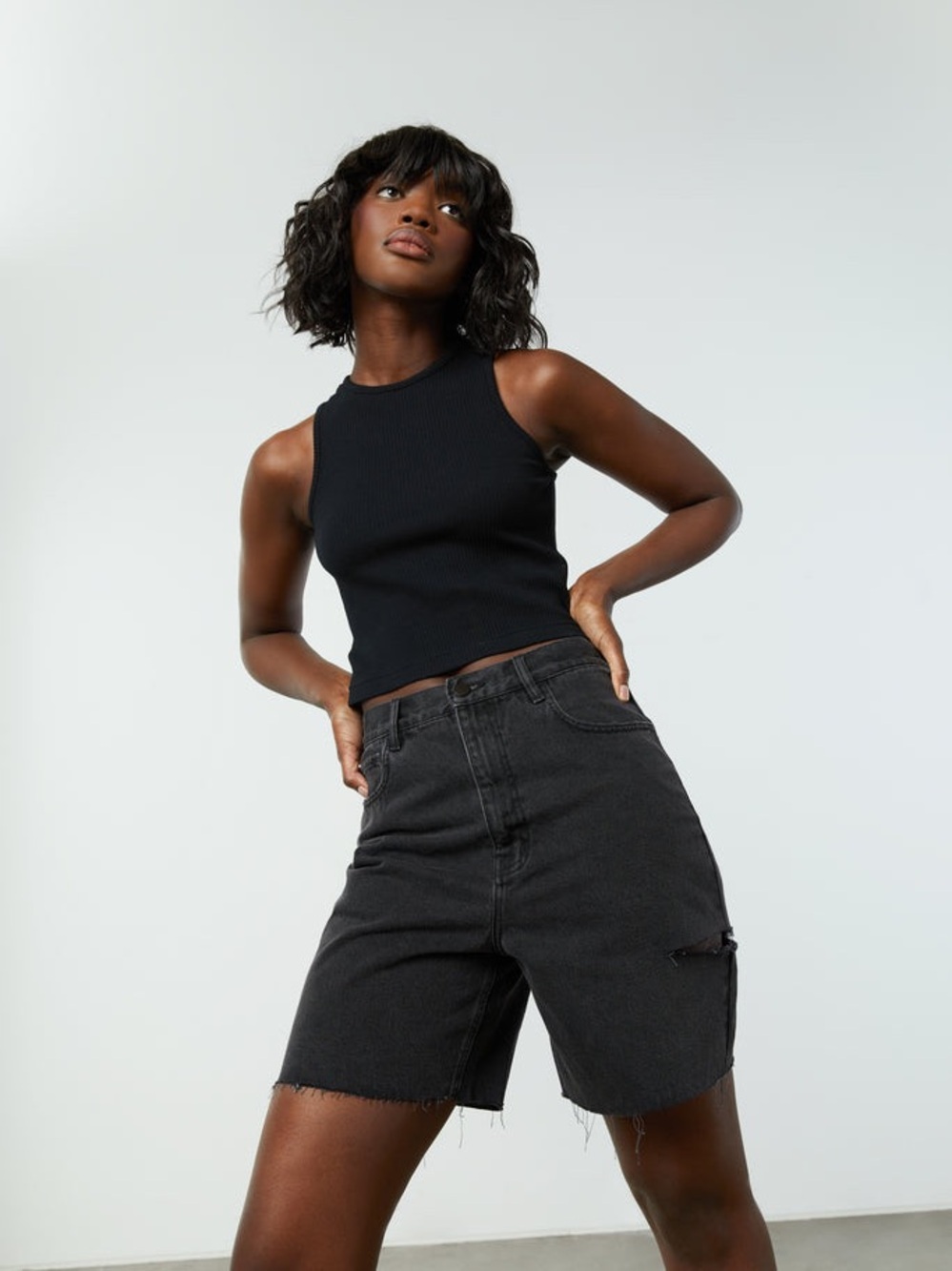 OAK + FORT Washed Black Ribbed Denim Shorts